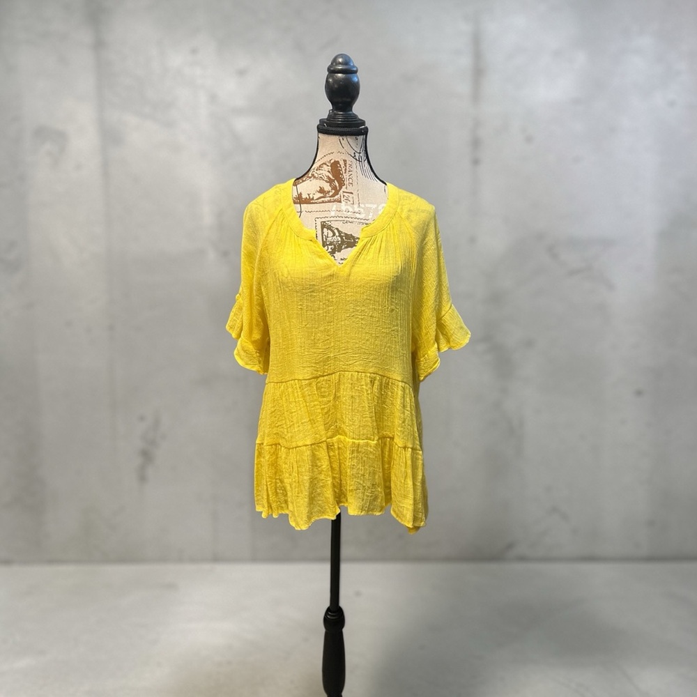 Umgee Yellow Gauze Top Boho Babydoll Blouse Ruffle Hem Lightweight Flowy Size L